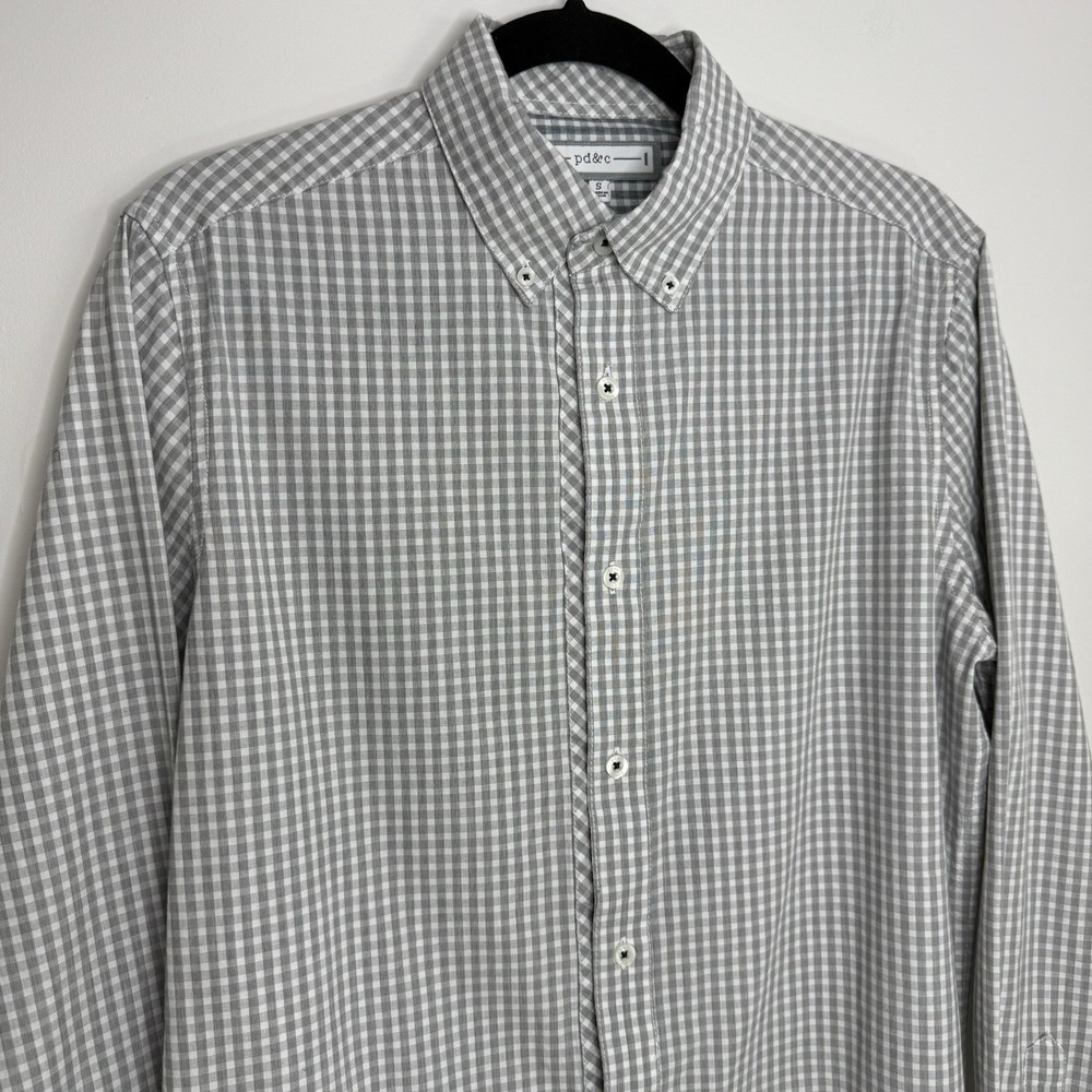 PD&C Men's SM LS BU Shirt Check Plaid Gray/White Roll‎ Tab Sleeve EUC 087